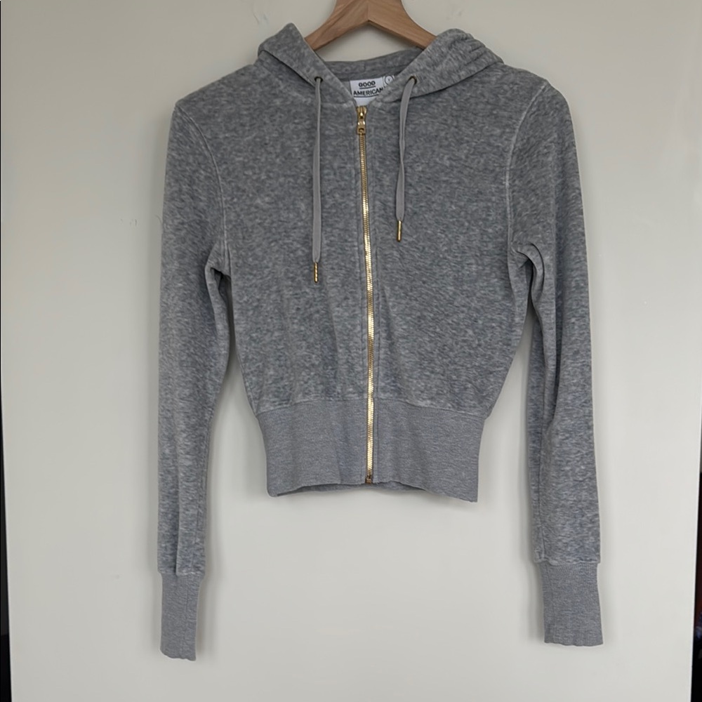 Good American Velour Gray Hoodie with Gold Zipper